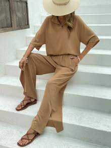 Solid Batwing Sleeve Top & Split Hem Wide Leg Trousers - Coffee Brown - View 5