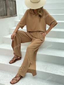 Solid Batwing Sleeve Top & Split Hem Wide Leg Pants
