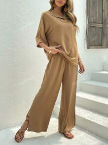 Solid Batwing Sleeve Top & Split Hem Wide Leg Pants