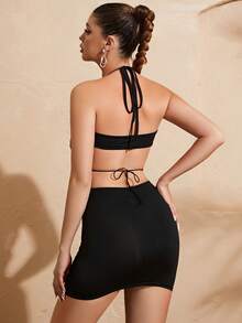 荷葉邊十字交叉後背繫帶褶邊連衣裙 - 黑色 - 查看 2