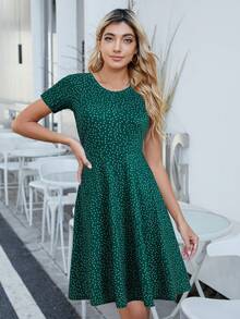 Polka Dot Print A-line Dress - Green - View 3