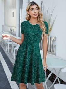Polka Dot Print A-line Dress - Green - View 4