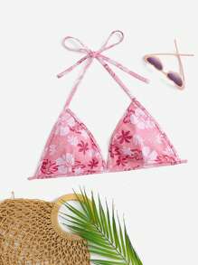 SHEIN Swim Curve Plus Floral Print Halter Triangle Bikini Top, For Summer Beach Vacation - Pink - View 1