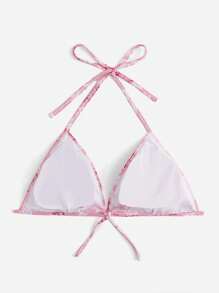 SHEIN Swim Curve Plus Floral Print Halter Triangle Bikini Top, For Summer Beach Vacation - Pink - View 2