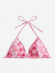 SHEIN Swim Curve Plus Floral Print Halter Triangle Bikini Top, For Summer Beach Vacation - Pink - View 4