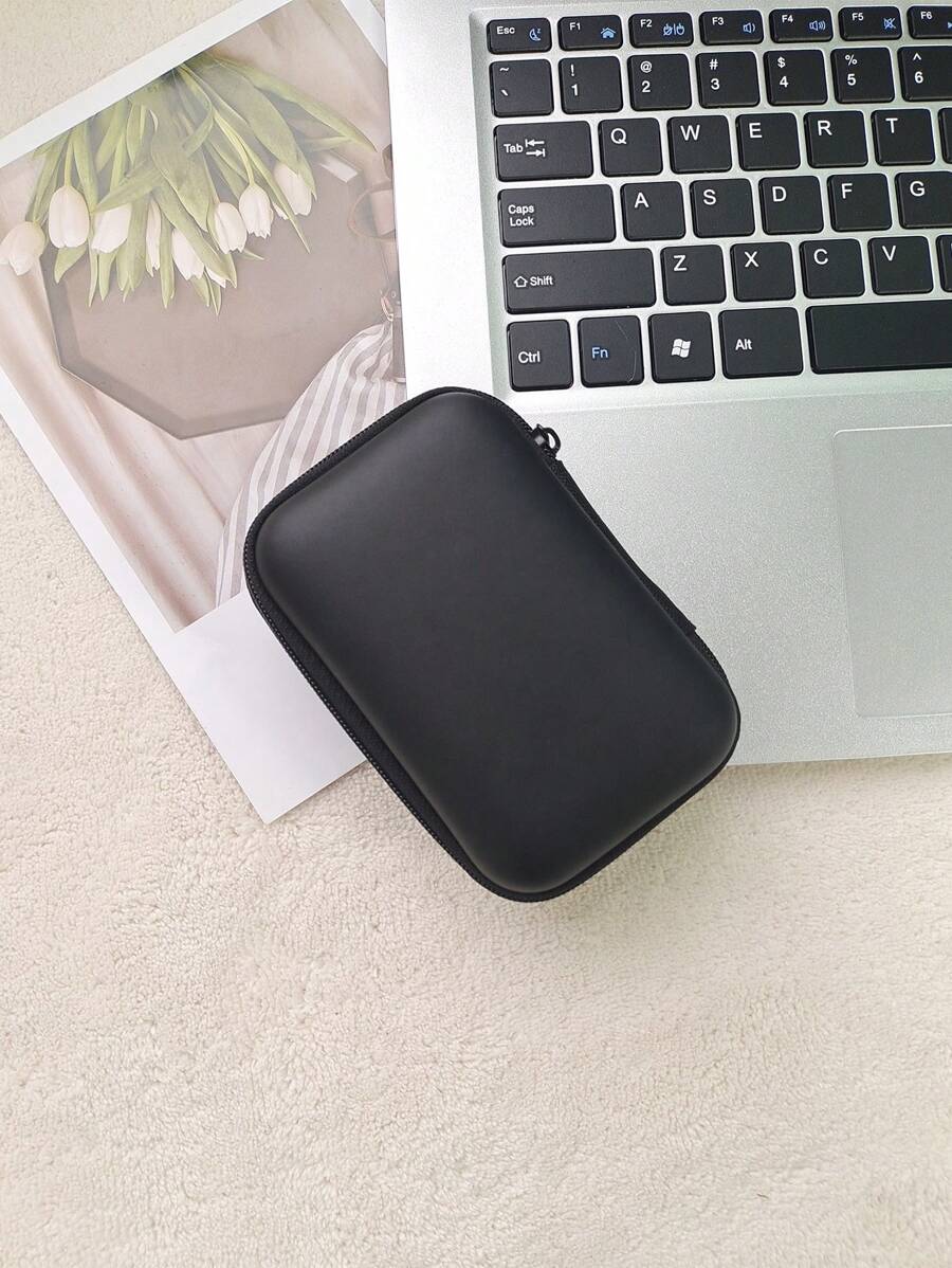 1pc Solid Color Data Cable Storage Bag - Black - View 1