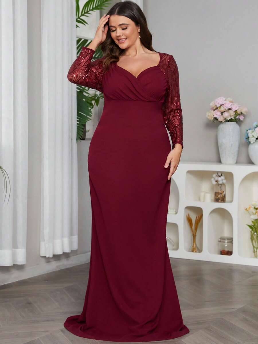 Vestido de vestir de malla en contraste escote corazón bajo sirena - Burdeos - Ver 1