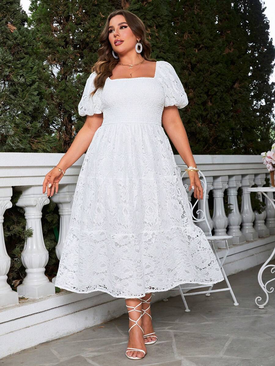 Simplee Plus Square Neck Puff Sleeve Ruffle Hem Wedding Dress - White - View 1