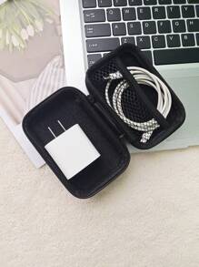 1pc Solid Color Data Cable Storage Bag - Black - View 3