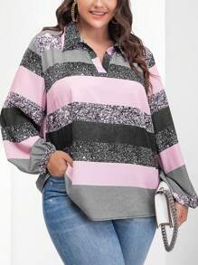 SHEIN LUNE Plus Colourblock Bishop Sleeve Blouse - Multicolor - View 1