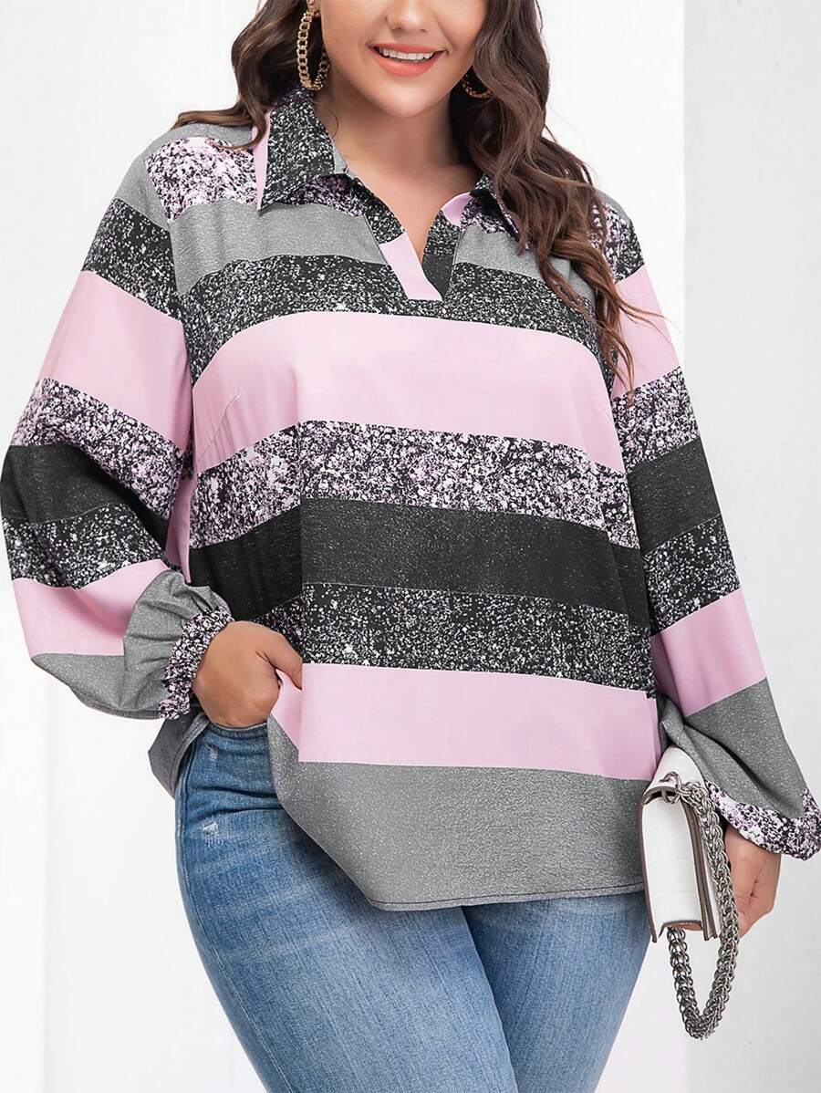 SHEIN LUNE Plus Colourblock Bishop Sleeve Blouse - Multicolor - View 1