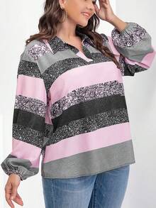 SHEIN LUNE Plus Colourblock Bishop Sleeve Blouse - Multicolor - View 5