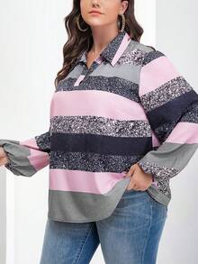 SHEIN LUNE Plus Colourblock Bishop Sleeve Blouse - Multicolor - View 6