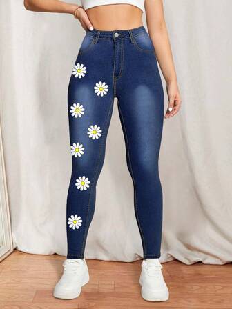 印花緊身牛仔褲