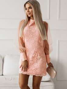 小高領網紗拼接燈籠袖蕾絲連衣裙 - 珊瑚粉 - 查看 3