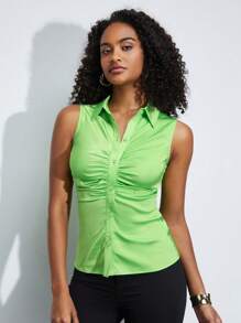 BizChic Camisa fruncido con botón delantero - Verde Lima - Ver 3