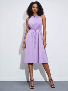 BizChic Solid Belted Halter Dress - Lilac Purple - View 3