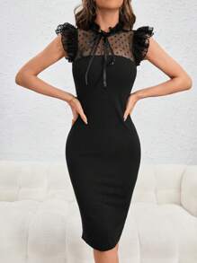 SHEIN Privé 拼接波點網紗荷葉邊繫帶領緊身連衣裙 - 黑色 - 查看 6