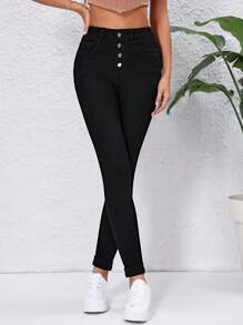 Button Fly Skinny Jeans - Black - View 4
