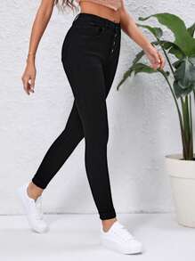 Button Fly Skinny Jeans - Black - View 5