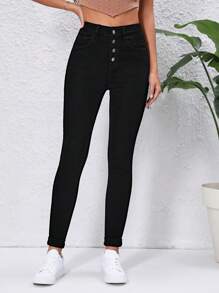Button Fly Skinny Jeans - Black - View 3