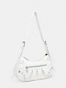 鉚釘裝飾流浪包白色時尚可調整肩帶 - 白色 - 查看 2