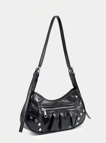 Studded Decor Hobo Bag Black Punk Adjustable Strap - Black - View 2