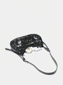 Studded Decor Hobo Bag Black Punk Adjustable Strap - Black - View 5