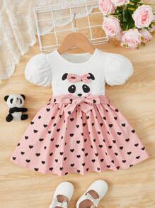 SHEIN 嬰兒心形和卡通圖案泡泡袖繫腰帶洋裝 - 彩色 - 查看 1