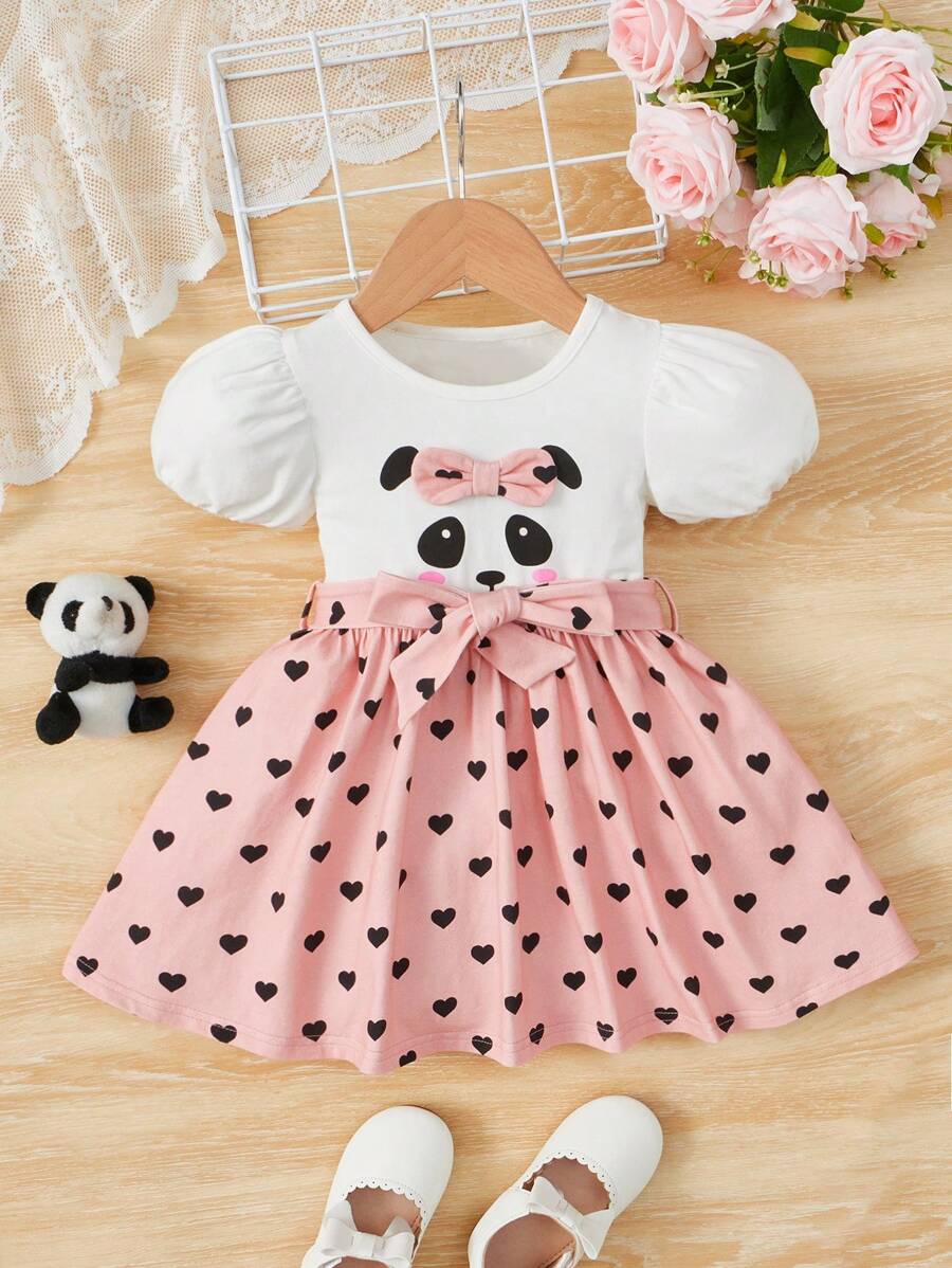 SHEIN 嬰兒心形和卡通圖案泡泡袖繫腰帶洋裝 - 彩色 - 查看 1