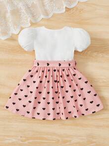 SHEIN 嬰兒心形和卡通圖案泡泡袖繫腰帶洋裝 - 彩色 - 查看 2