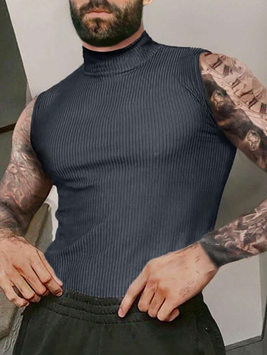 Manfinity Fever City Men Mock Neck Ribbed Knit Tank Top - Black - View 1