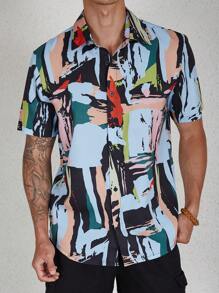 Manfinity LEGND Men Allover Print Slim Fit Short Sleeve Button Up Collar Colorful Shirt - Multicolor - View 3