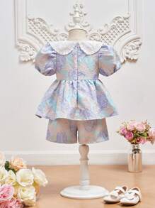 SHEIN 小女童熱帶印花提花拼接領泡泡袖花邊下擺上衣和短褲 - 彩色 - 查看 6