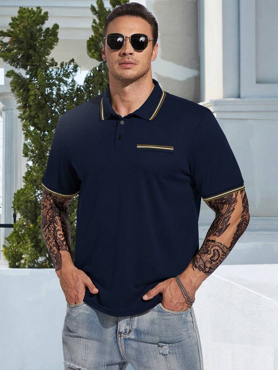 Manfinity Homme Men Plus Contrast Trim Polo Shirt - Navy Blue - View 1