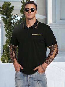 Manfinity Homme Hombres Camisa polo ribete en contraste - Negro - Ver 3