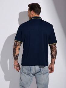 Manfinity Homme Men Plus Contrast Trim Polo Shirt - Navy Blue - View 2