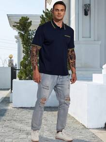 Manfinity Homme Men Plus Contrast Trim Polo Shirt - Navy Blue - View 3