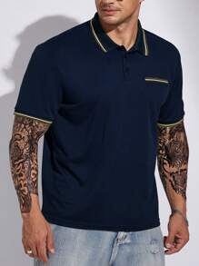 Manfinity Homme Men Plus Contrast Trim Polo Shirt - Navy Blue - View 4