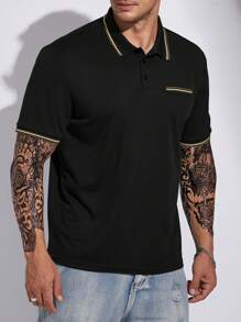 Manfinity Homme Hombres Camisa polo ribete en contraste - Negro - Ver 1