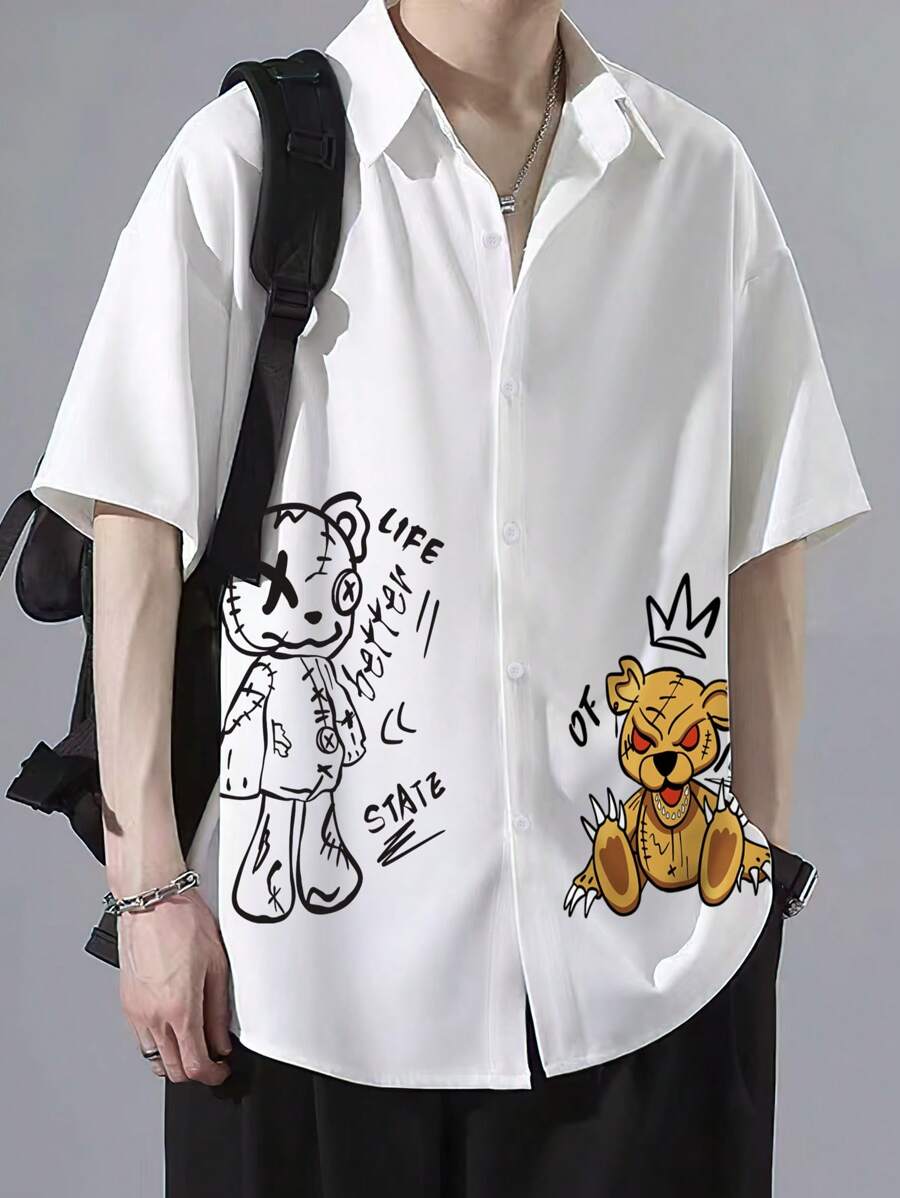 Manfinity EMRG 男士熊和字母圖案襯衫不帶T恤 - 白色 - 查看 1