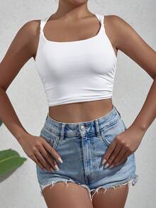 SHEIN Essnce Solid Ruched Side Crop Tank Top - White - View 4