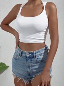 SHEIN Essnce Solid Ruched Side Crop Tank Top - White - View 1