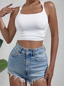 SHEIN Essnce Solid Ruched Side Crop Tank Top - White - View 6