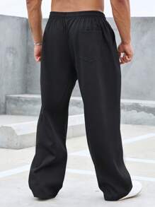 Manfinity Homme 男士加大码宽松纯色直筒裤，腰部抽绳，外出纯色长款休闲裤黑色裤子，适合老公、男朋友的礼物，适合秋季 - 黑色 - 查看 2