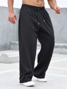 Manfinity Homme 男士加大码宽松纯色直筒裤，腰部抽绳，外出纯色长款休闲裤黑色裤子，适合老公、男朋友的礼物，适合秋季 - 黑色 - 查看 5