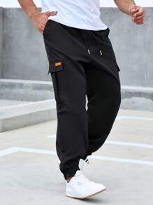 Manfinity Homme Men Letter Patched Detail Flap Pocket Drawstring Waist Cargo Trousers - Black - View 1