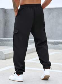 Manfinity Homme Men Letter Patched Detail Flap Pocket Drawstring Waist Cargo Trousers - Black - View 2
