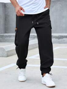 Manfinity Homme Men Letter Patched Detail Flap Pocket Drawstring Waist Cargo Trousers - Black - View 3