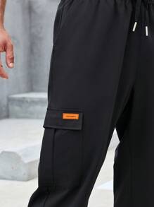 Manfinity Homme Men Letter Patched Detail Flap Pocket Drawstring Waist Cargo Trousers - Black - View 5